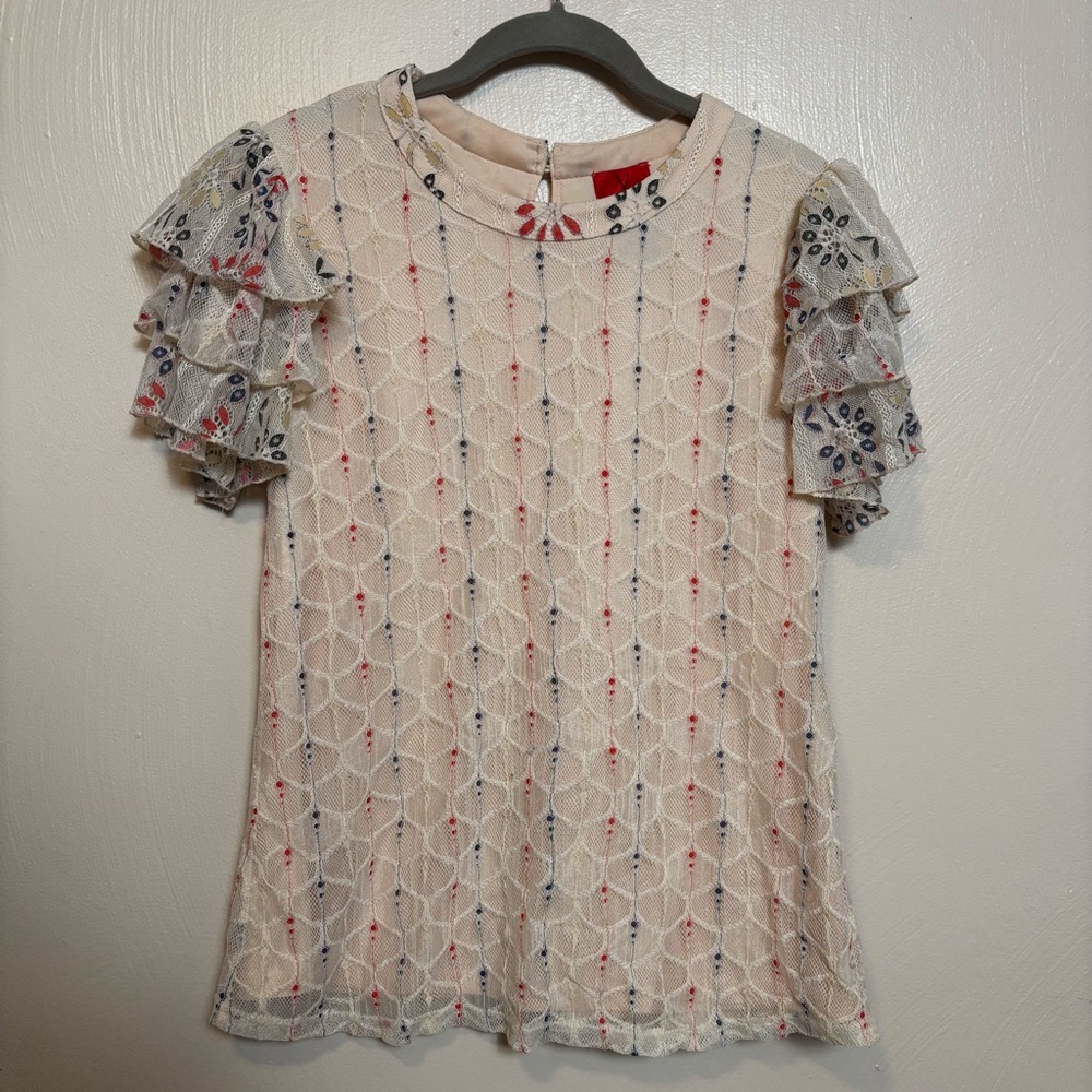 V Christina Women’s Shirt Blouse‎ Lace Lined Ruffle Shirt Sleeve Red Blue Medium